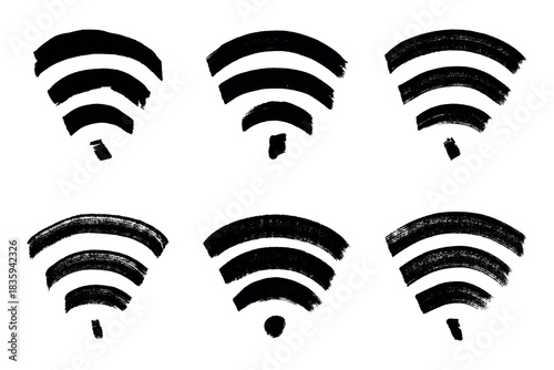 Set of hand drawn free wifi spot zone sign Public wi-fi area sign Wireless internet clipart in doodle style Single element for print, web, design, decor 3G, 4G, 5G, 6G, IoT