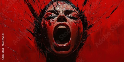 Close-up portrait of a person screaming with intense emotion, red and black abstract paint splashes surrounding the face conveying pain and anguish