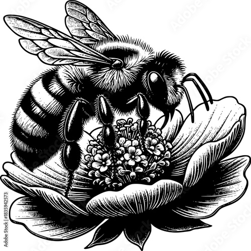 Bee's Botanical Embrace: A detailed black and white illustration of a bee pollinating a flower, showcasing the intricate beauty of nature's symbiotic relationship. 