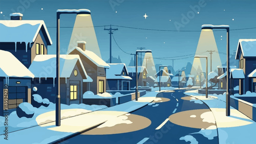 Cozy Winter Night Village Scene with Snow-Dusted Homes and Warm Streetlight Glow Illuminating a Peaceful Evening Landscape