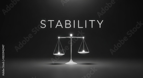 “Stability” in Soft White Typography – Minimalist Light-Beam Scale with Glowing Data Points in Deep Gray Void | Poised Equilibrium Concept Photography