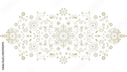 Golden ornamental winter border with intricate snowflakes, graceful deer, and delicate floral patterns, perfect for festive holiday decorations and seasonal designs