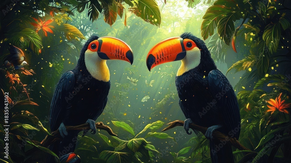 Fototapeta premium Two vibrant toucans perched on branches facing each other in a lush, sunlit tropical rainforest filled with green foliage and orange flowers