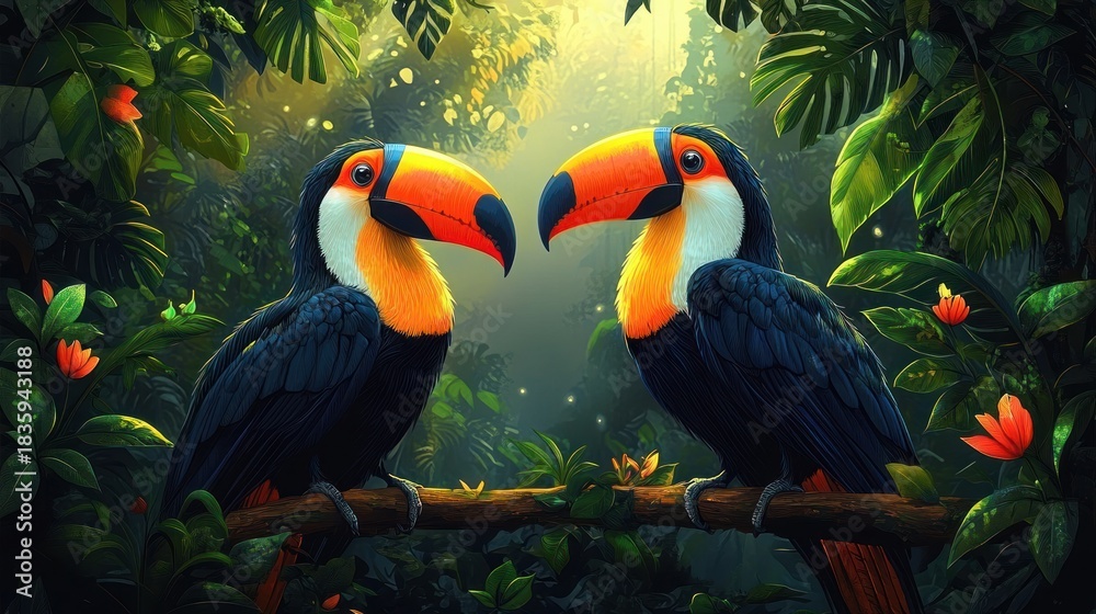 Fototapeta premium Two vibrant toucans perched on a branch facing each other surrounded by lush tropical foliage and bright orange flowers in a sunlit forest