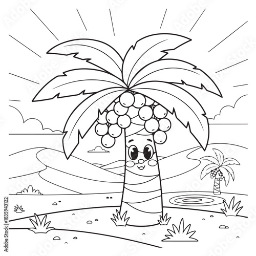 Delightful cartoon palm tree character with grapes coloring page for fun desert oasis activities