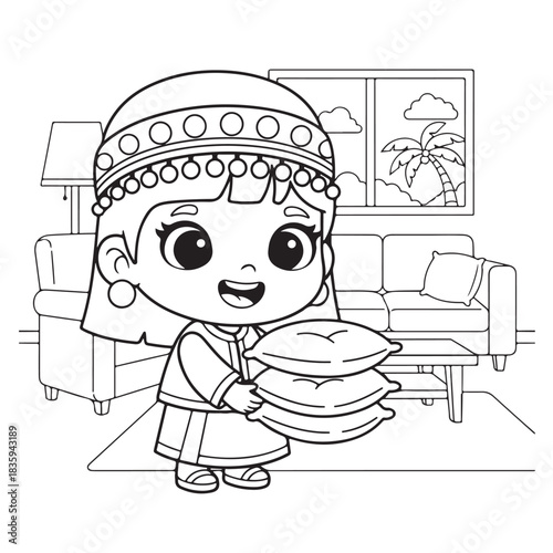 Adorable cartoon girl in traditional headwear happily carrying pillows ready to decorate a cozy living room scene