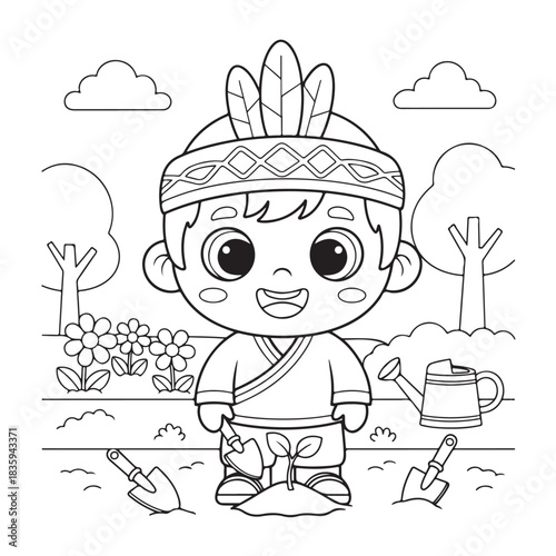 Adorable cartoon child dressed as indigenous person happily planting a seedling outdoors near flowers and trees