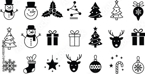 WebLarge vector set of mixed Christmas icons, featuring outline and filled styles of snowman, trees, holly, reindeer, ornaments, gifts, and stocking, perfect for seasonal web design and greeting card