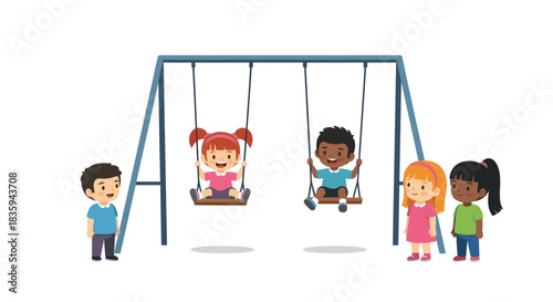 Happy Diverse Cartoon Children Playing on a Swing Set.