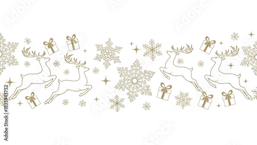 Elegant golden Christmas seamless border with festive reindeer, delicate snowflakes, and charming gift boxes on a clean white background, perfect for holiday season designs