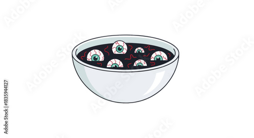 White Bowl Filled with Dark Liquid and Floating Eyeballs.