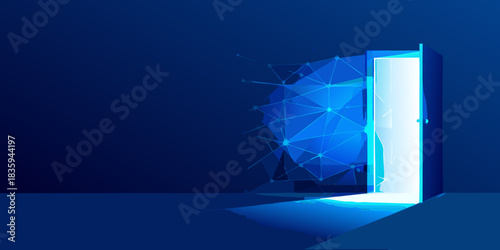 Open doorway with digital network connection leading to bright light