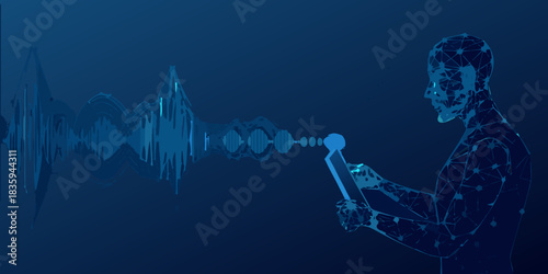 Digital voice assistant with person and sound wave in blue