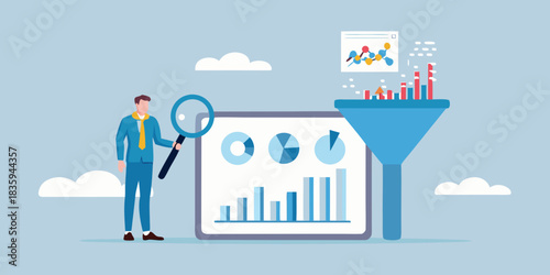 Data analysis and filtering concept with business man and charts