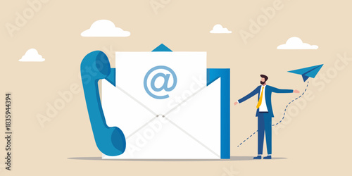 Communication methods businessman sending paper plane email and phone call concept illustration