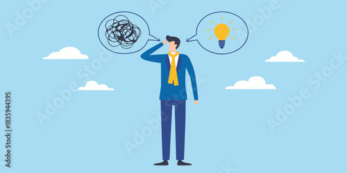 Businessman with confused thoughts and a bright idea