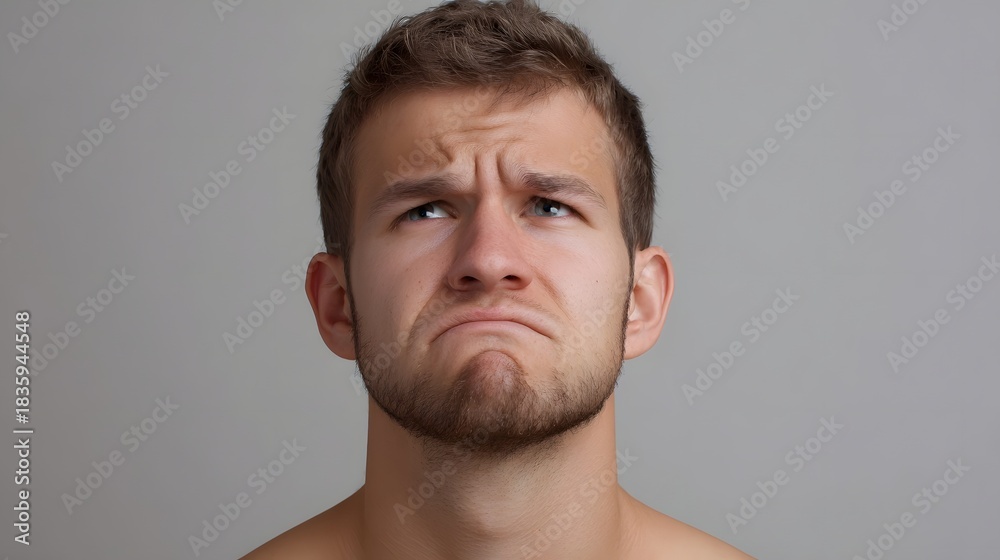 Fototapeta premium A young man with a confused and questioning expression looks upwards with furrowed brows and a downturned mouth against a plain grey background