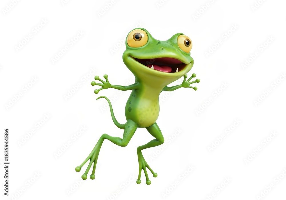 Fototapeta premium Cheerful Cartoon Frog with Bright Eyes and Playful Expression Jumping in Excitement