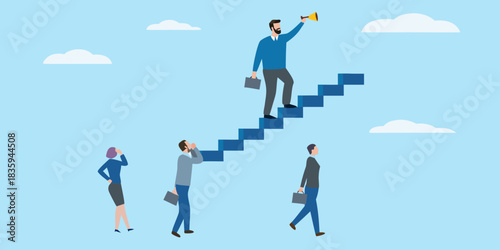 Business leader on stairs with megaphone and team below