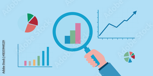 Analyzing business data with charts and magnifying glass illustration