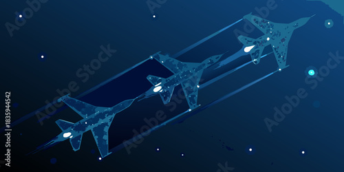 Three fighter jets flying in formation through starry night sky