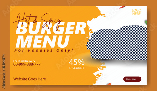 Delicious hot and spicy burger menu for foodies with a 45 discount offer and website information