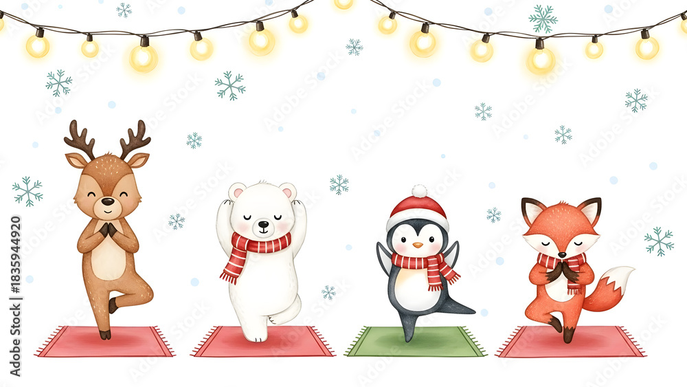 Fototapeta premium Adorable Christmas Animals Doing Yoga Tree Pose Under String Lights Illustration