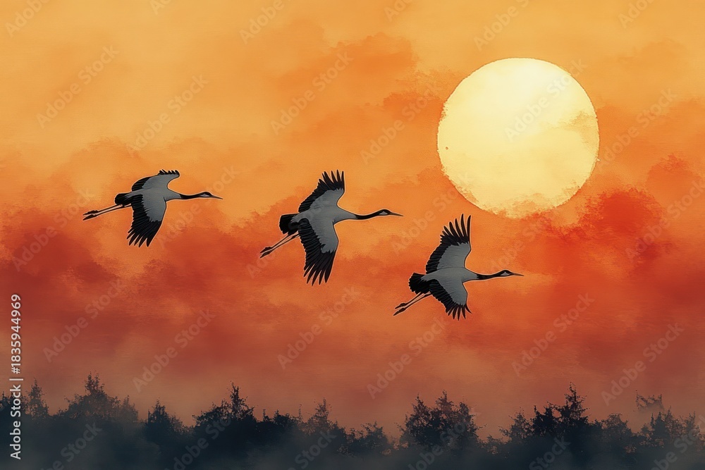 Naklejka premium Three cranes flying over a dark forest silhouette against a large setting sun and an orange sky evoking calm and serenity