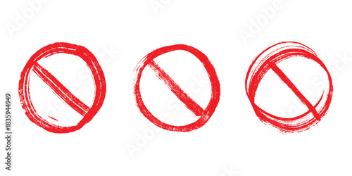 Set of hand drawn prohibition sign No entry symbol Red circle with cross line clipart in doodle style Ban Restriction Forbidden stop Single element for print, web, design