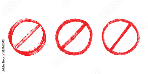 Set of hand drawn prohibition sign No entry symbol Red circle with cross line clipart in doodle style Ban Restriction Forbidden stop Single element for print, web, design
