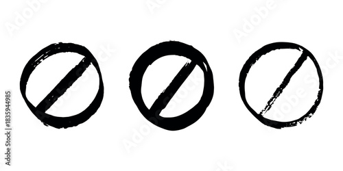 Set of hand drawn prohibition sign No entry symbol Black circle with cross line clipart in doodle style Ban Restriction Forbidden stop Single element for print, web, design