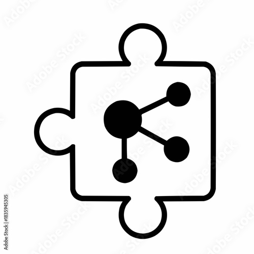 Line icon of a puzzle piece with blockchain node — interoperability, black on white, square minimalist style