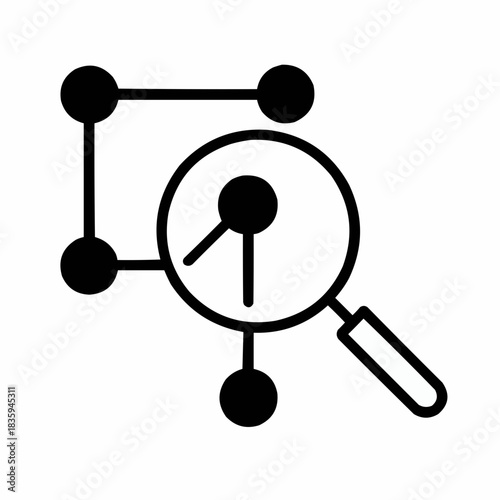 Line icon of a magnifying glass over a blockchain node — audit, black on white, square minimalist style