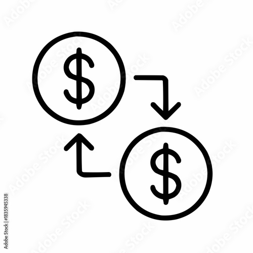 Line icon of a transaction arrow between two coins, black on white, square minimalist style