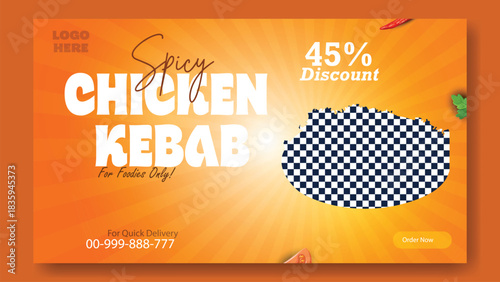 Delicious roasted chicken with fresh vegetables and herbs on a red background with percentage discount offer