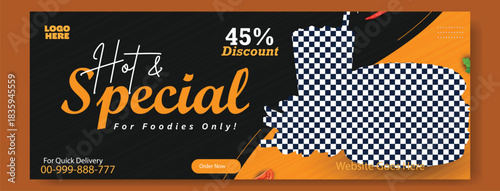 Delicious roasted chicken with fresh vegetables and herbs on a red background with percentage discount offer