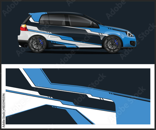 Modern car wrap design with abstract blue and white graphics for vehicle customization