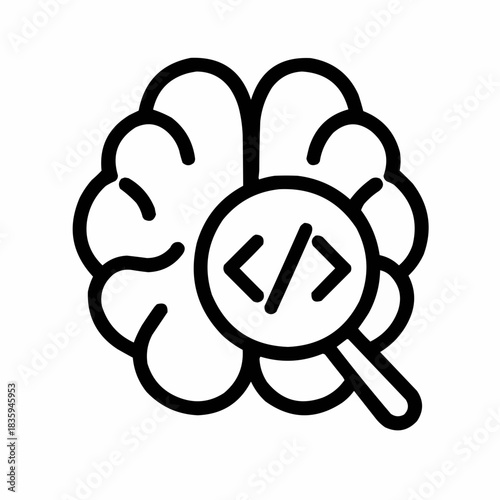 Line icon of a brain with code brackets — algorithm design, black on white, square minimalist style