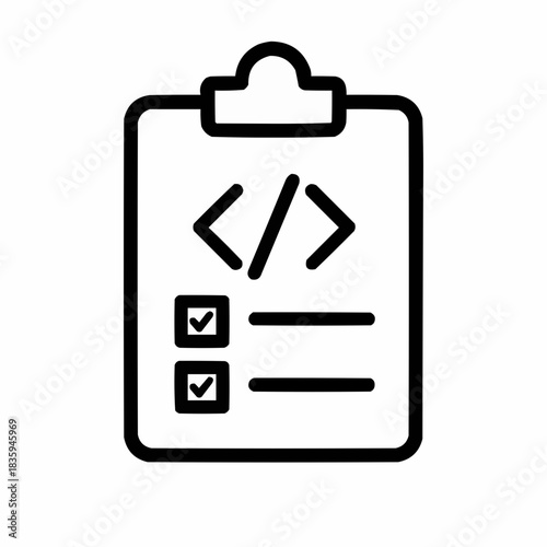 Line icon of a clipboard with checklist — code review, black on white, square minimalist style