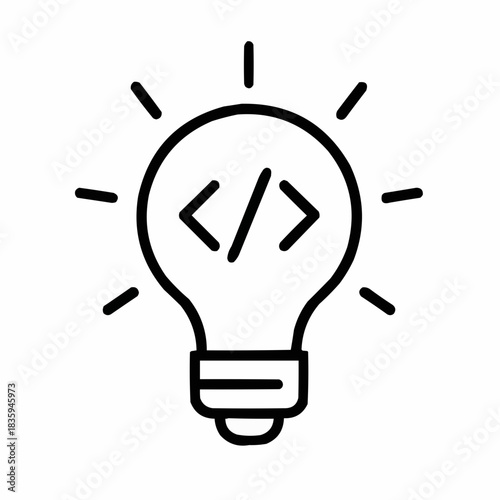 Line icon of a lightbulb with code — idea generation, black on white, square minimalist style