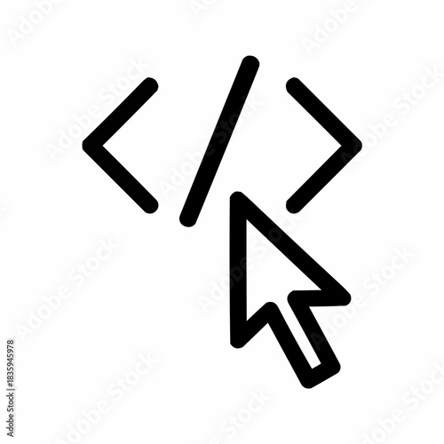 Line icon of a mouse pointer over code — interactive coding, black on white, square minimalist style