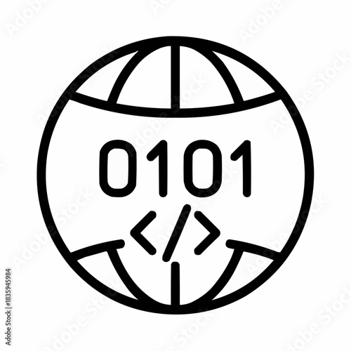 Line icon of a globe with code brackets — web development, black on white, square minimalist style