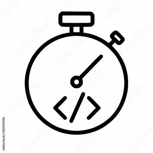 Line icon of a stopwatch with code — performance testing, black on white, square minimalist style
