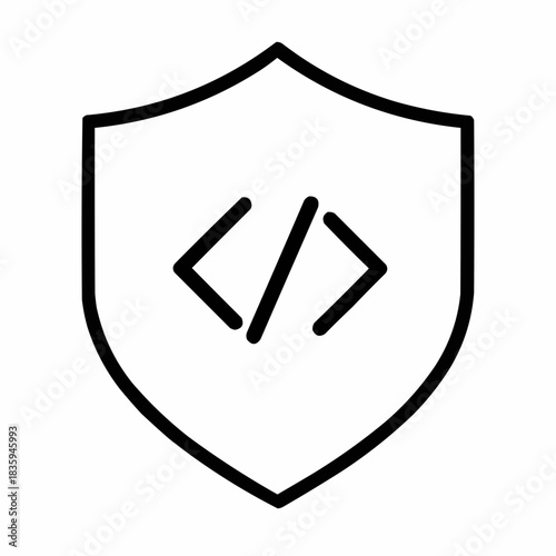 Line icon of a shield with code brackets — secure coding, black on white, square minimalist style