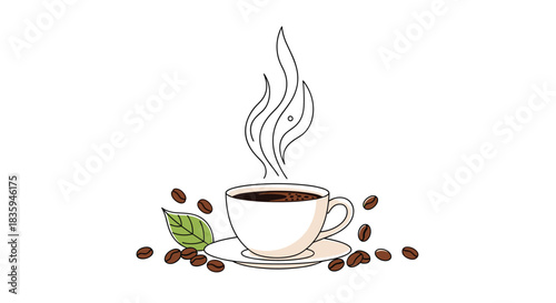 An elegant illustration of a steaming cup of hot coffee with scattered roasted beans and a green coffee leaf, perfect for a fresh start.