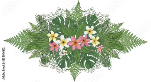 Tropical Floral Arrangement with Ferns and Monstera Leaves.