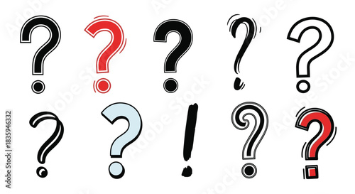 A collection of various hand-drawn and stylized question marks and an exclamation mark, representing queries, uncertainty, and surprise.