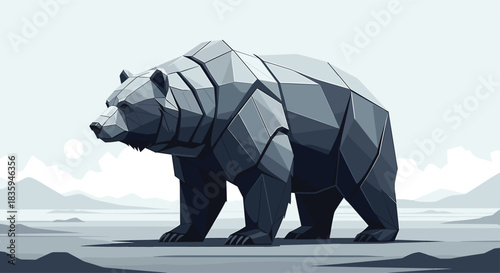 A majestic low-poly bear stands prominently in a minimalist, monochromatic winter landscape with distant mountains.