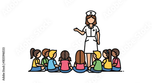 Female Nurse Teaching Diverse Group of Young Children in Simple Cartoon Illustration.