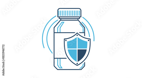 Secure Pharmaceutical Bottle with Protective Shield Icon.